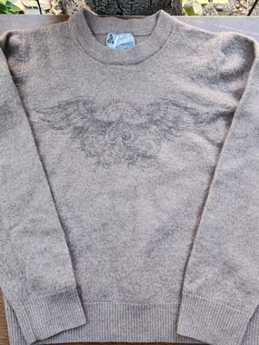 Lucky Brand Vintage Wool Blend Sweater Wings Heart Graphic Oatmeal Size M